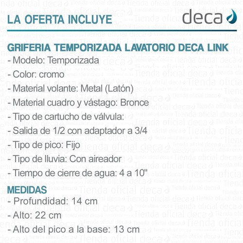 Imagen 6 de 10 de Griferia Temporizada Lavatorio Deca Link 53004