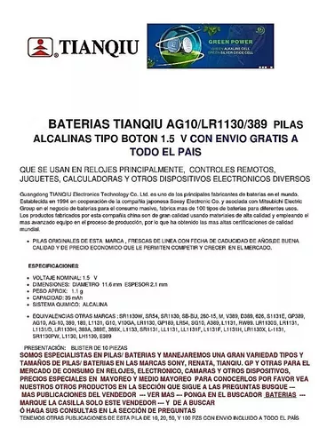 Blister 10 Baterías Pilas Ag10 Lr1130 389 Lr54 189 Rw89