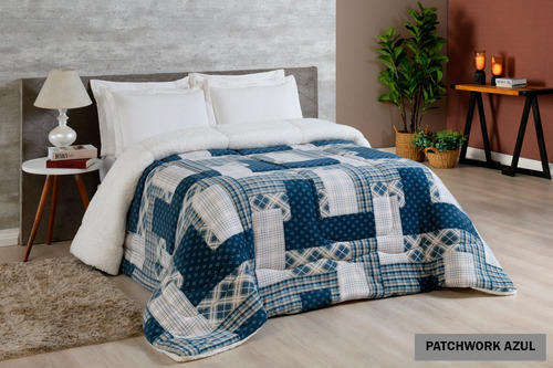 Coberdrom Mantaalta La Sherpa 180 Grosso Queensize Estampado Cor Patchwork Azul