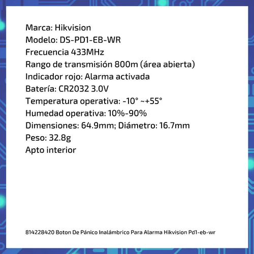 Imagen 6 de 10 de Boton De Pánico Inalámbrico Para Alarma Hikvision Pd1-eb-wr