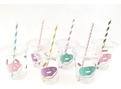 Donut Cups 12 Ct Lid Straws Sprinkle Decorations Favors Birt