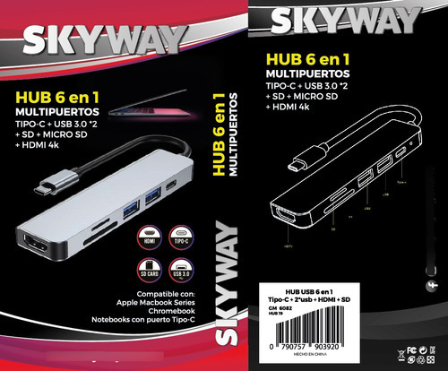 Hub Usb Tipo C 6 En 1 / Hdmi 4k*2k / 2*usb 3.0 / Tipoc / Sd