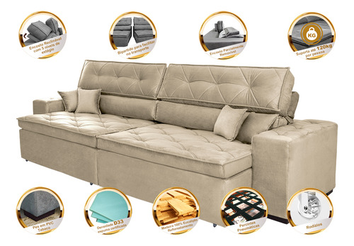 Sofá Austin 2,82m Retrátil, Reclinável com Molas no Assento e Almofadas, Suede Bege Cama inBox