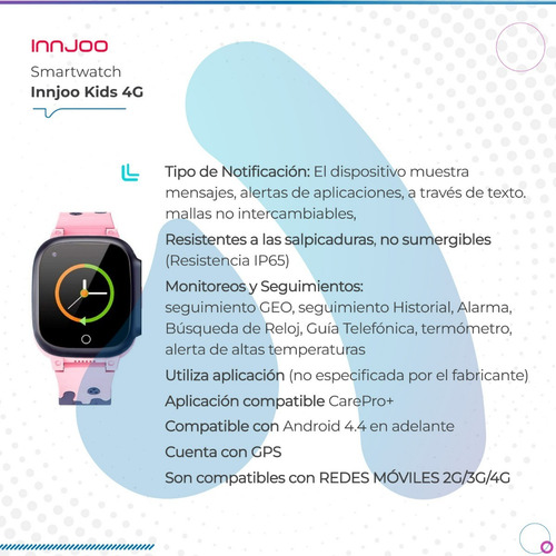 Imagen 3 de 10 de Smartwatch Innjoo 4g Geo Localizador Chips Pink Kids