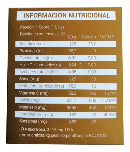 Colageno Hidrolizado Plus Sin Gluten Vitaminas 30 Sobres