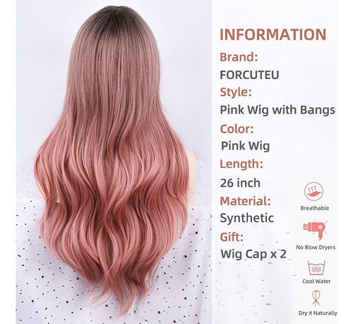 Peluca Rosa Con Flequillo Peluca Onduladas Largas Para Mujer