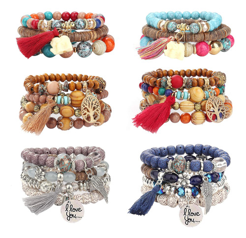 Yadoca 6 Juegos De Pulseras Con Cuentas De Madera Bohemia Pa