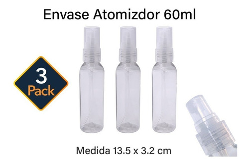 Set 3pzs Botellas 60ml Atomizador Pet Cristal C/tapa 