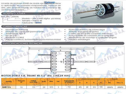 Motor Doble Eje 1/6 Hp 110v 1075 Rpm Kielmann 2 Ejes 115vrd