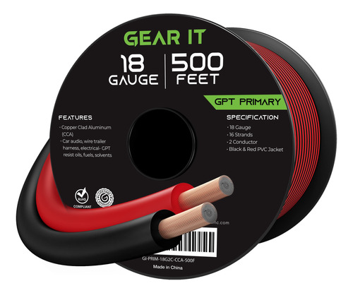 Gearit Cable De Calibre 18 (500 Pies - Negro/rojo) Gpt Autom