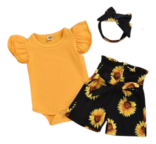 Conjunto Polo Body Short Girasoles Mas Vincha Bebe Niñas 