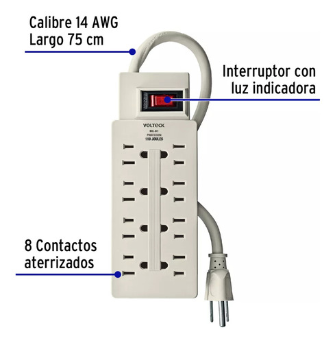 Multicontacto De 8 Entradas, Supresor De Picos Volteck 47187