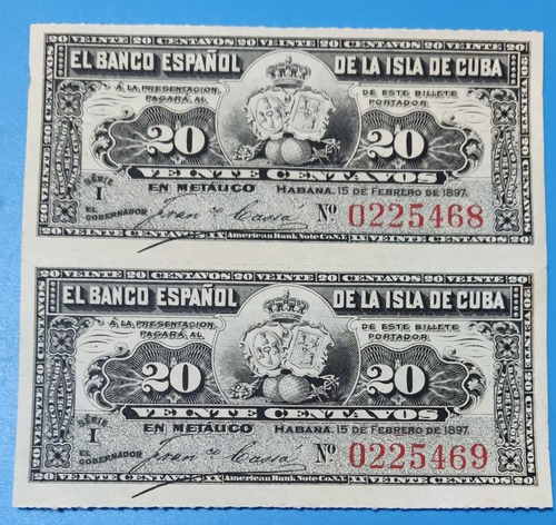 Antiguos Billetes Consecutivos 20 Centavos De 1897, Cuba.