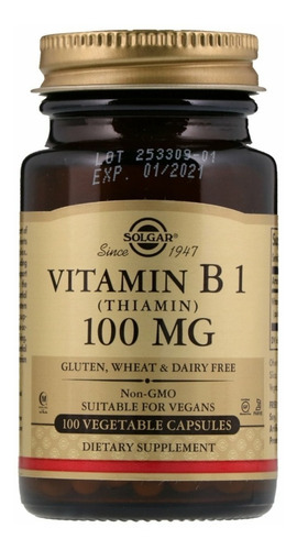 Vitamina B1 de Solgar, 100 mg, 100 cápsulas (EE. UU.). Sabor S/s