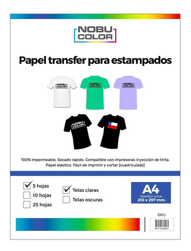 Papel Transfer - Telas Claras A4 - 5 Hojas - Nobucolor