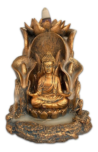 Porta Incensário Cascata Buda Meditando Dourado 14cm
