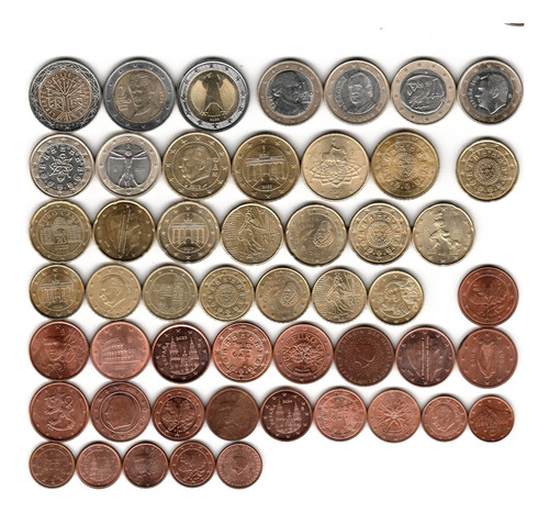 Lote Com 51 Moedas De Euro Set - 2 Euros 1 Euro - Mapa Novo (Usado)