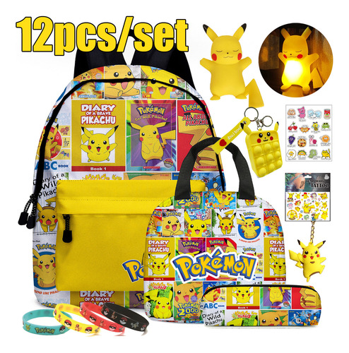 Mochila Escolar Pokémon Pikachu, 12 Unidades, Lonchera, Bols
