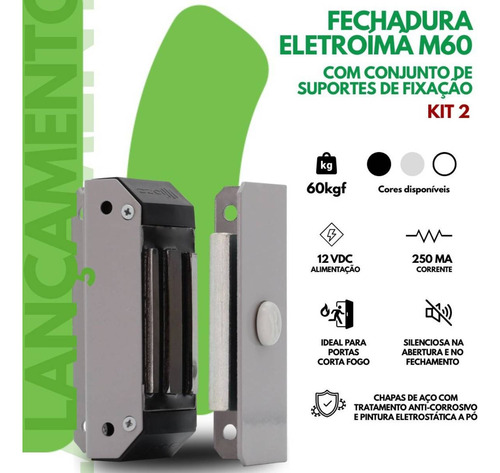 Kit Fechadura Eletroímã M60 Fonte F200 2 Botoeira Sem Fio