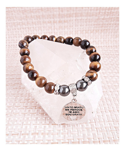 Pulseira Pedras Olho De Tigre E Hematita Ho'oponopono Diâmetro 18 cm