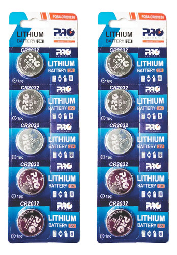 Batería de litio Cr2032, paquete de 2 con 5 (10 baterías)