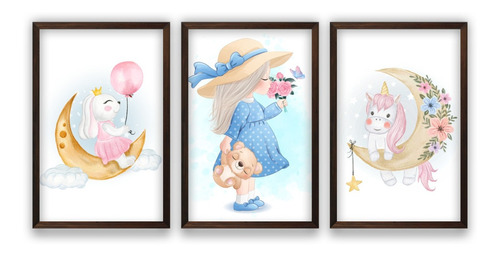 Quadros Decorativos Quarto Menina Unicórnio Lua Balão Coelho