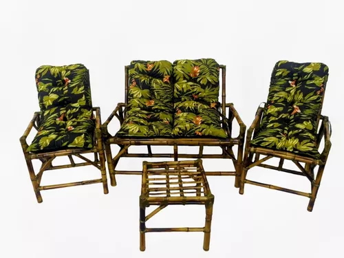 Conjunto Quatro Cadeiras E Mesa De Bambu Vime Jardim Área Almofada Preto
