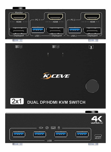 Switch Kvm De Doble Monitor, 2 Entradas Y 2 Salidas Dp 1.4,