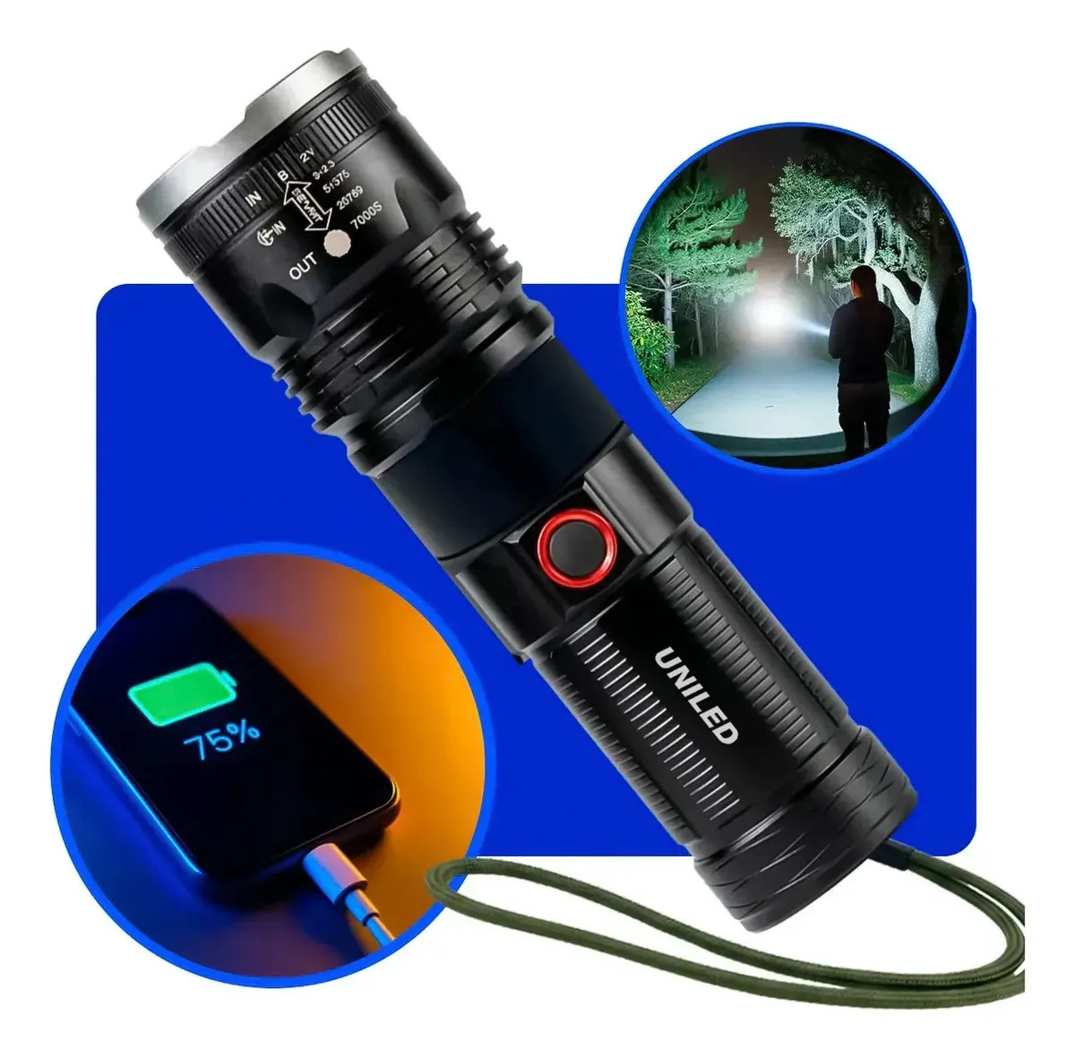 Lanterna Tatica Militar Profissional Led Mais Forte Do Mundo 2km Ultra Potente Aluminio Aviao Longo Alcance Zoom Telescopico UNILED