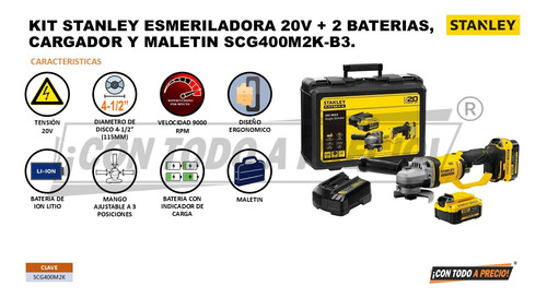 Kit Stanley Esmeriladora 20v Scg400m2k-b3 + 2 Baterias
