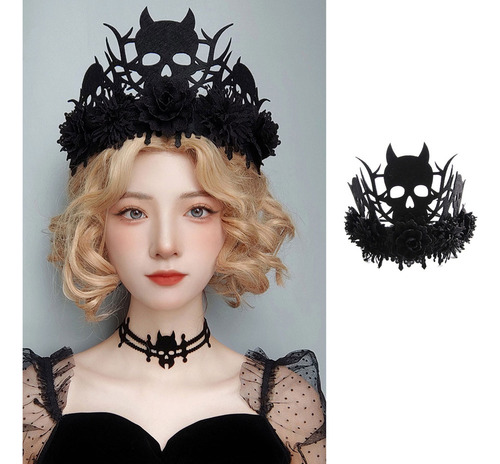 Tocado De Demonio Con Corona De Flores Negras, Diseño De Dea