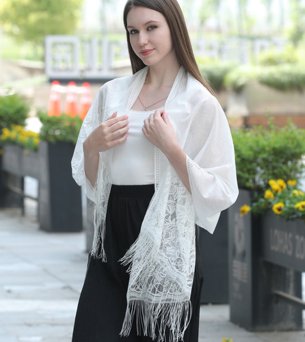 Chal De Encaje Con Flecos Elegante Rebozo Bufanda Para Mujer Blanco Unico