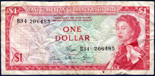 1 Dolar 1965 Billete Estados Del Caribe Oriental Isabel Ii