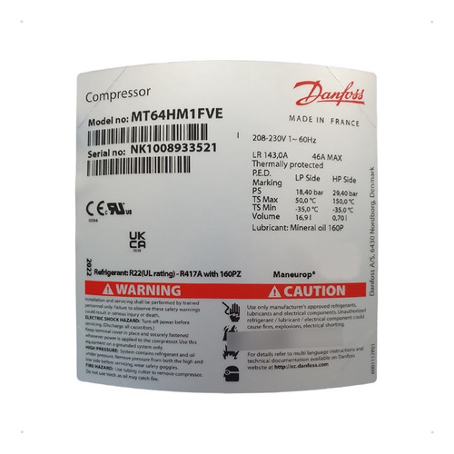 Compressor Danfoss 5hp Monofásico 220v R22 Mt64-1vi