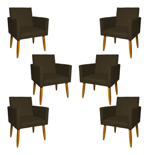 Kit 6 Poltronas Decorativas Para Sala Cadeira Pé Castanho Cor Marrom Desenho do tecido Suede