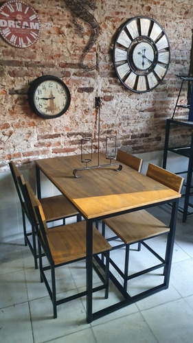 Imagen 3 de 10 de Mesa Hierro Y Madera 120x70 + 4 Sillas Industriales Exterior