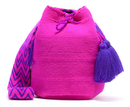 Mochila Wayuu Unicolor Fucsia - Grande Con Pompones