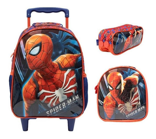 Mochila Escolar Com Rodinhas, Lancheira E Estojo Spider Man