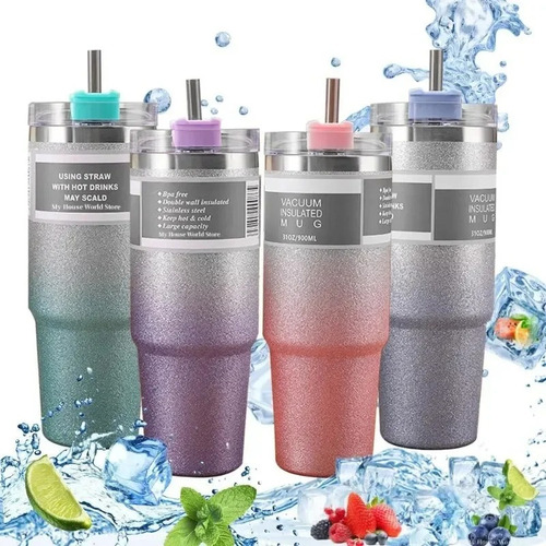 Copo Térmico Com Tampa E Canudo 890ml Com Glitter Brilho