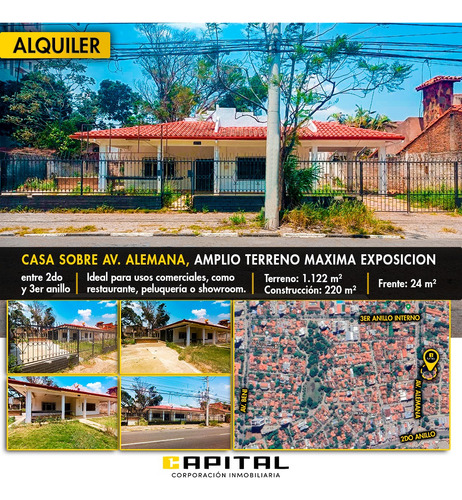 Casa De Una Planta En Alquiler Sobre Avenida Alemana, Amplio Terreno Maxima Exposicion