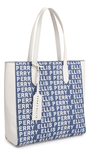 Bolsa Tote Mujer Perry Ellis A10746 Azul/blanco Pu 34x37 Cm Color Blanco/azul Diseño De La Tela Liso