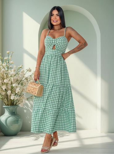 Vestido Feminino Midi Longuete Xadrez Com Lastex Alças Finas
