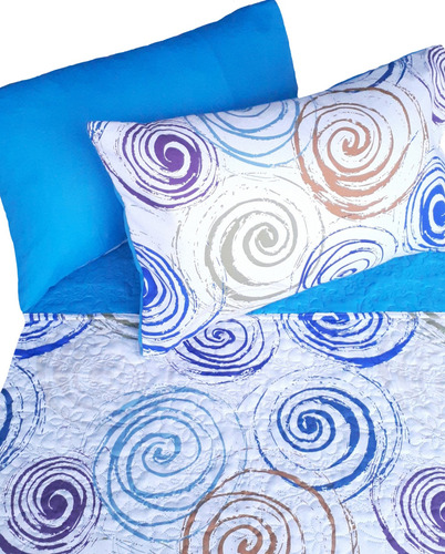 Imagen 1 de 2 de Colcha Española Estampada Azul Turquesa Liso Queen