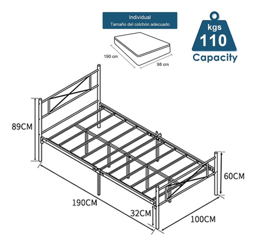 Base Metal Cama Soporte Recamara Individual Negro