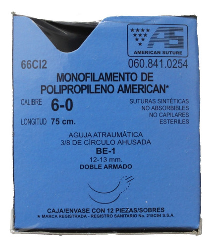 Sutura Polipropileno 6-0 45cm 3/8 Circulo Doble Arm American