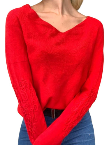 Sweater Importado Rojo Rayas Gofradas Cuello V Manga Bordada