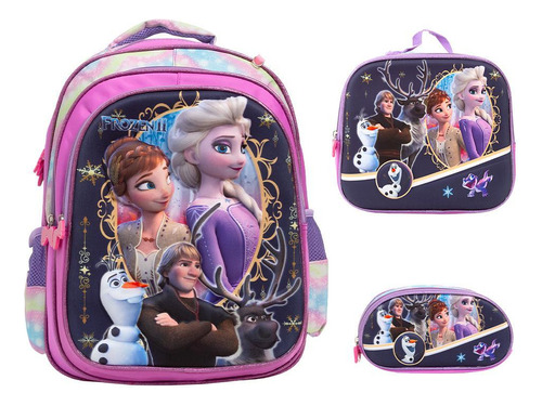 Kit Mochila Infantil Menina Alça Costas Frozen 3d Lancheira