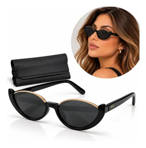Óculos De Sol Gatinho Feminino Preto Dourado Com Estojo Preto Preto Com Dourado