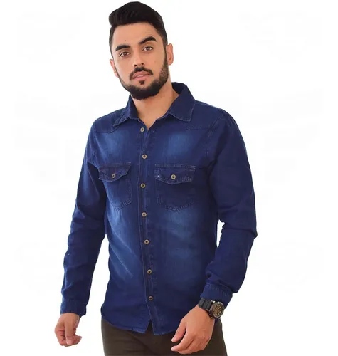 Camisa Jeans Masculina Manga Longa C 2 Bolsos Azul Escuro