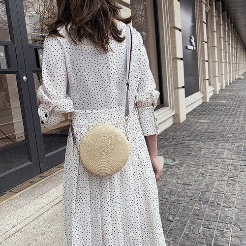 Bolso De Hombro Redondo De Moda Para Mujer, Tejido De Paja,